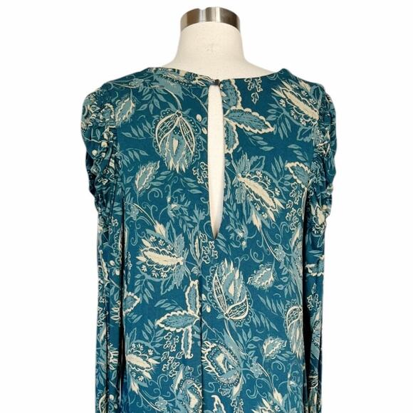 FREE PEOPLE Hello Lover Blue Green Tunic Top Shoulder Long Sleeves V-Neck Small - Picture 8 of 10